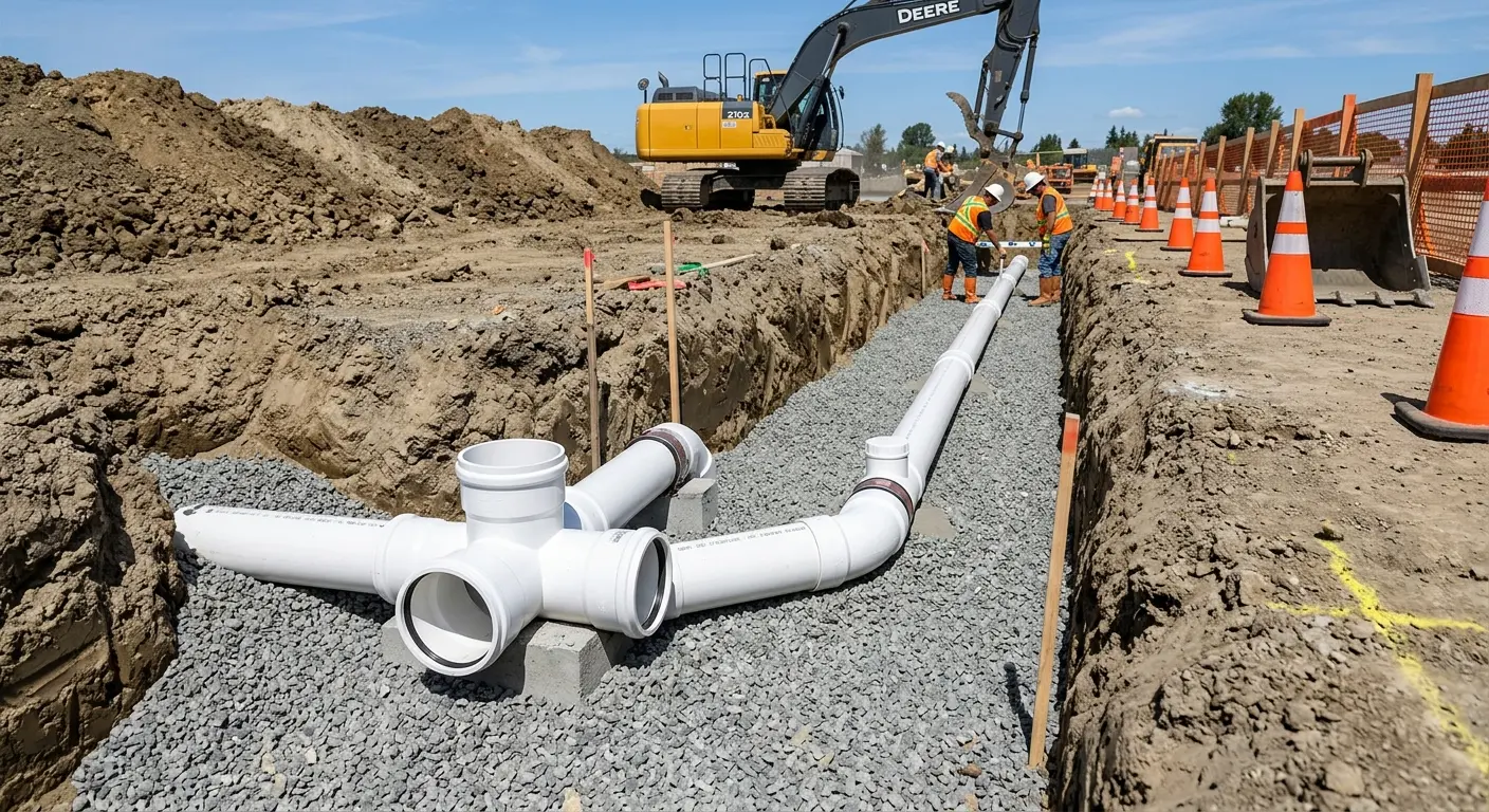 New PVC sewer pipe installation in open trench for Sewer Backup in Snyder