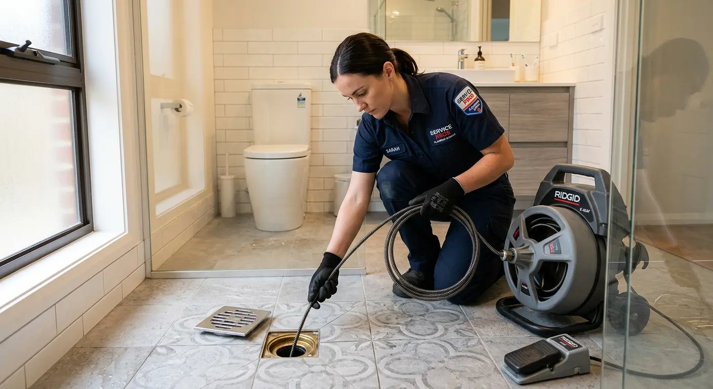 Technician clearing a bathroom floor drain for Hydro Jetting in Snyder